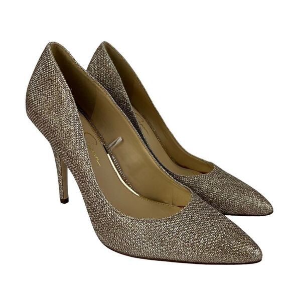 EUC Jessica Simpson Oravia 9 Shimmer Glitter Sparkle Gold Pump Heel Pointed Toe - Picture 1 of 10